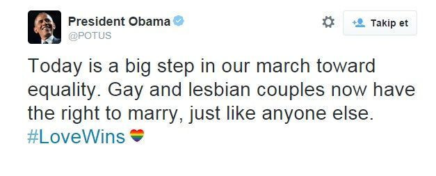 Eşçinsel evlilik yasallaştı Obama Twitter'dan kutladı