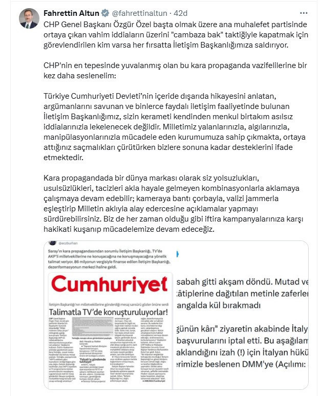 Fahrettin Altun'dan Cumhuriyet gazetesinin haberine tepki