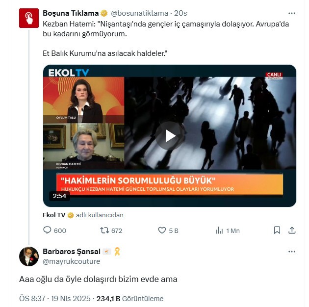 Kezban Hatemi 'gençler Nişantaşı'nda iç çamaşırıyla dolaşıyor' dedi, Barbaros Şansal bomba bir yanıt verdi