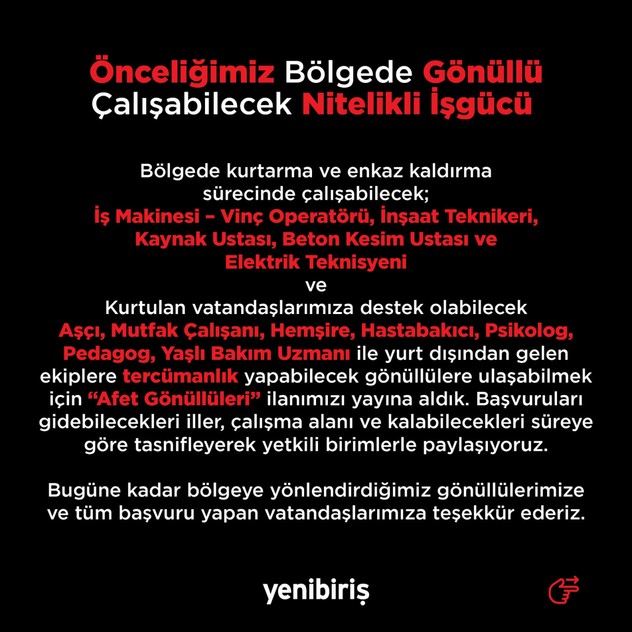 Deprem bölgesinde istihdam çalışması başladı. Afet Gönüllüleri ilanı yayımlandı: Vinç operatörü, psikolog, aşçı, hemşire