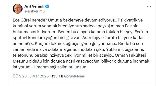 Benim bu olayda kafama takılan bir şey var. Psikiyatrist Arif Verimli Ece Gürel için bu paylaşımı yaptı