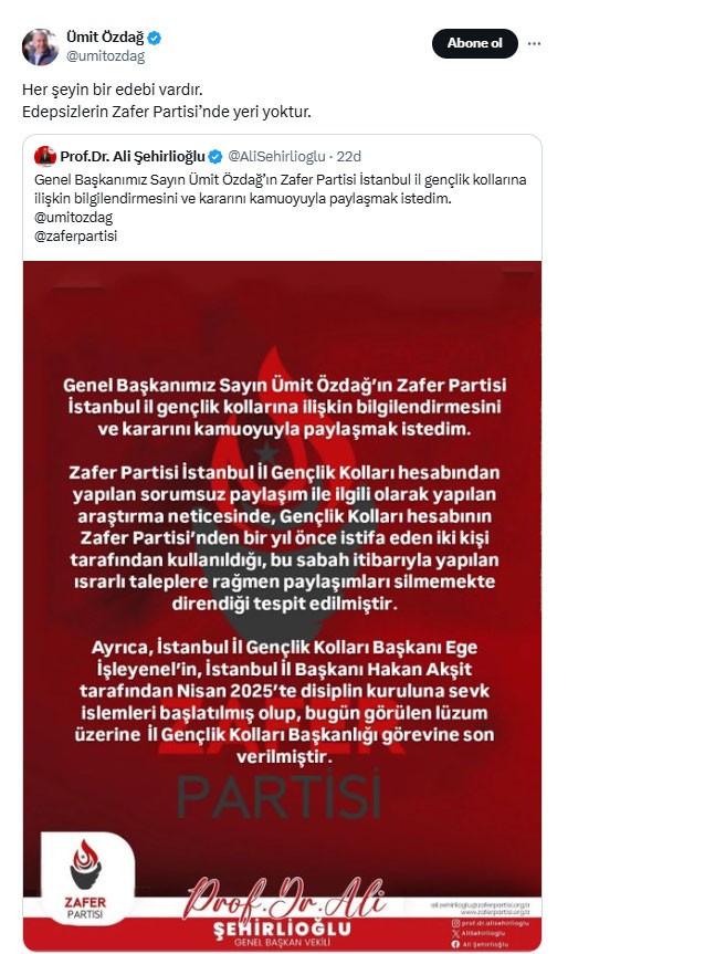 Ümit Özdağ'dan Zafer Partisi İstanbul Gençlik Kolları'nın 'Sırrı Süreyya Önder' paylaşımına sert tepki: Her şeyin bir edebi vardır