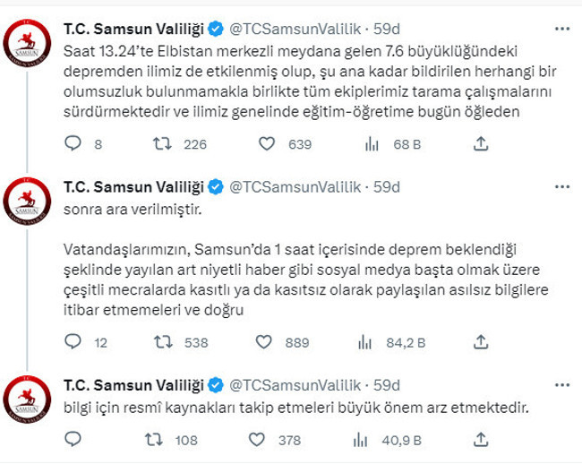 Samsun'da 1 saat içerisinde deprem olacak söylentileri için Valilik'ten açıklama geldi