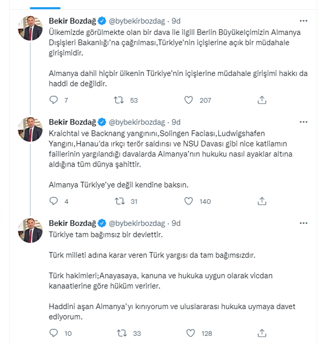 Adalet Bakanı Bekir Bozdağ sosyal medya hesabından Almanya'ya çok sert çıktı