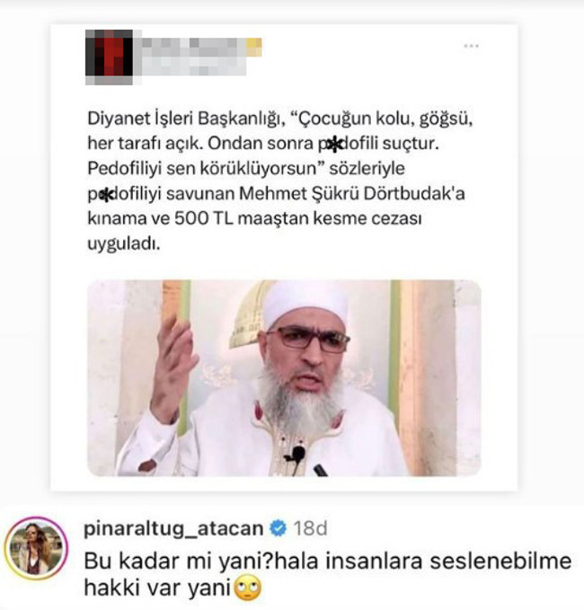 Ünlü oyuncu Pınar Altuğ, imama verilen cezaya sitem etti