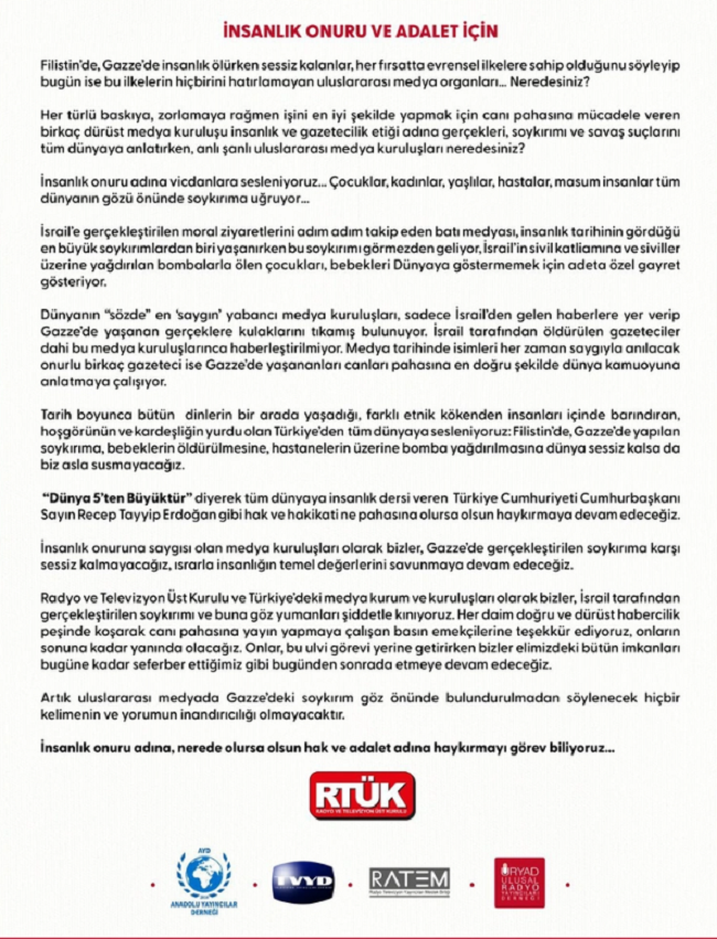 RTÜK'ten Filistin ve Gazze'deki soykırımı görmezden gelen Batı medyasına tepki