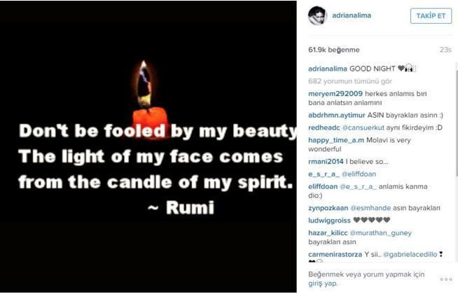 Adriana Lima'nın Sevgililer Günü mesajı Mevlana'dan