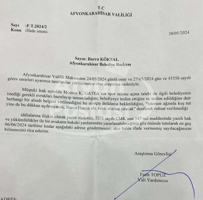 Ruhsat tartışmasında yeni açıklama. Afyonkarahisar Belediye Başkanı Burcu Köksal ifadeye çağrıldı. Köksal'dan açıklama geldi: Ruhsat başvurusu yok