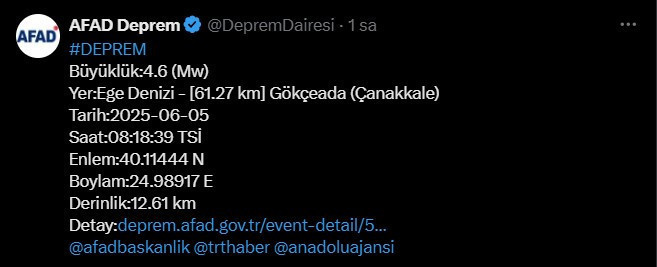 Çanakkale'de şiddetli deprem! AFAD duyurdu. Gökçeada açıklarında 4.6 büyüklüğünde deprem meydana geldi. Naci Görür'den korkutan açıklama (5 Haziran 2025)