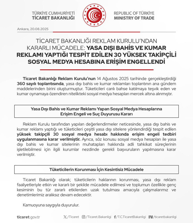 Ticaret Bakanlığı duyurdu! 30 fenomen hesaba erişim engeli getirildi