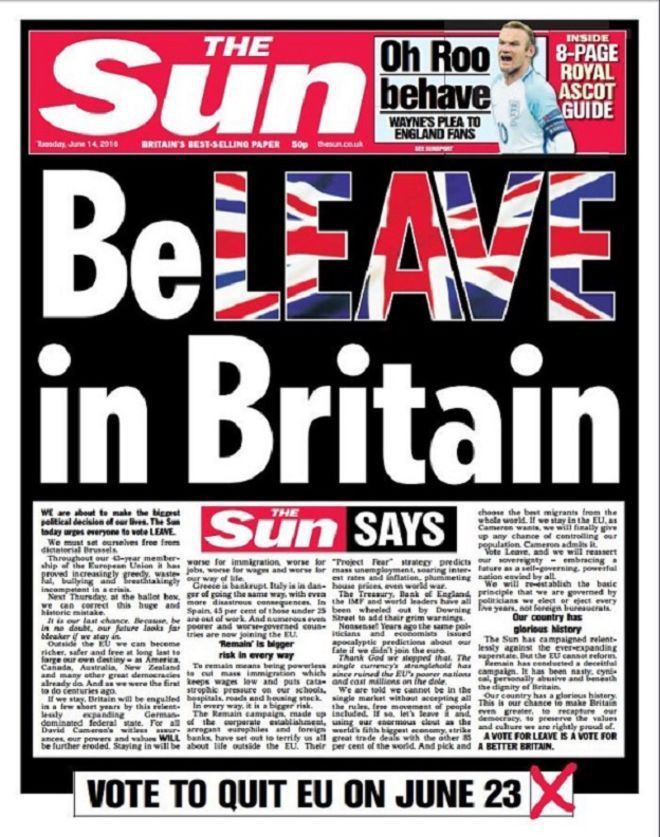 İngiltere'nin AB'den ayrılma kampanyasına Sun gazetesinden destek