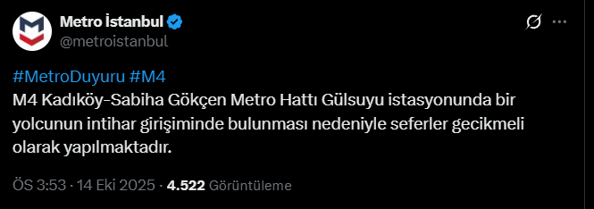 Metro'da seferler gecikmeli yapılıyor! M4 Metro Hattında korkunç intihar!