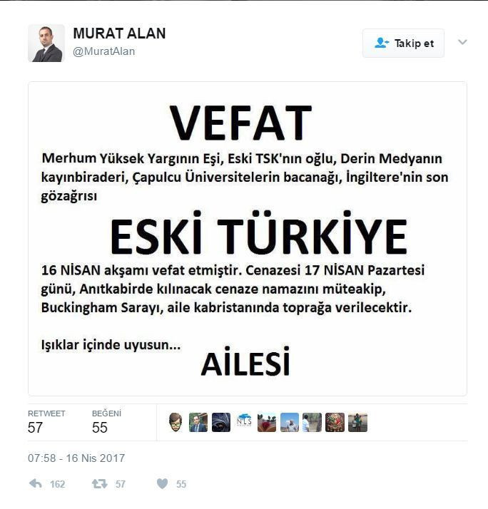 Yeni Akit Haber Müdürü, 'eski Türkiye'nin' ölüm ilanını yayınladı!