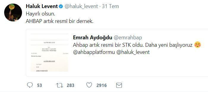 Haluk Levent’in kurduğu AHBAP resmen dernek oldu