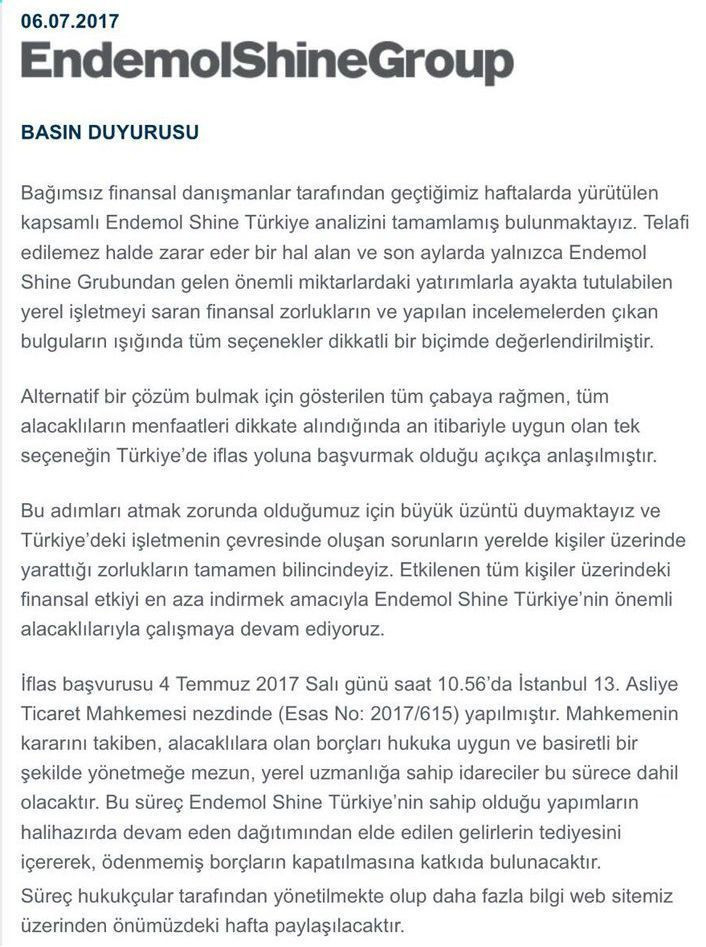 Endemol Shine Türkiye'den iflas başvurusu!