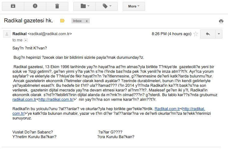 Radikal yazarı Ümit Kıvanç  gazetenin tebligatını yayınladı: 'İşletme zorda, Türkçe karakter bile alamamışlar!'