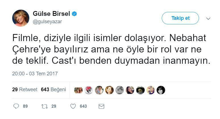 Gülse Birsel'den Nebahat Çehre haberlerine yalanlama!