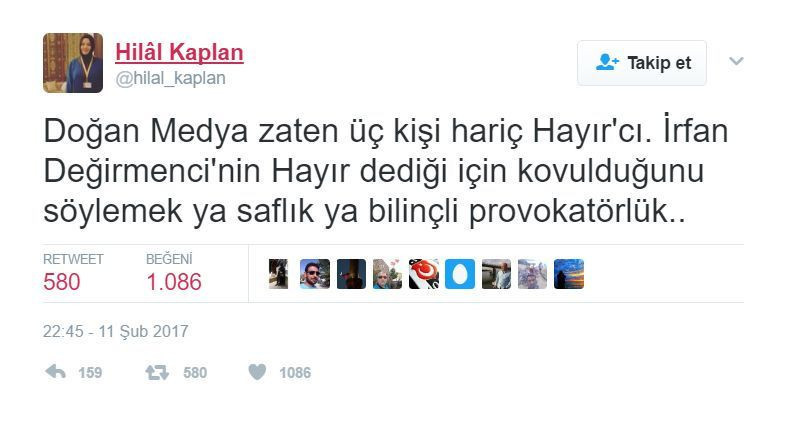 Hilal Kaplan: İrfan Değirmenci'nin 'Hayır' dediği için kovulduğunu söylemek provokatörlük!