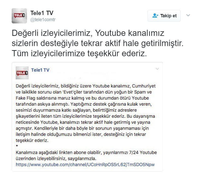 Tele1 TV'nin 'Youtube kanalı' kapatıldı!