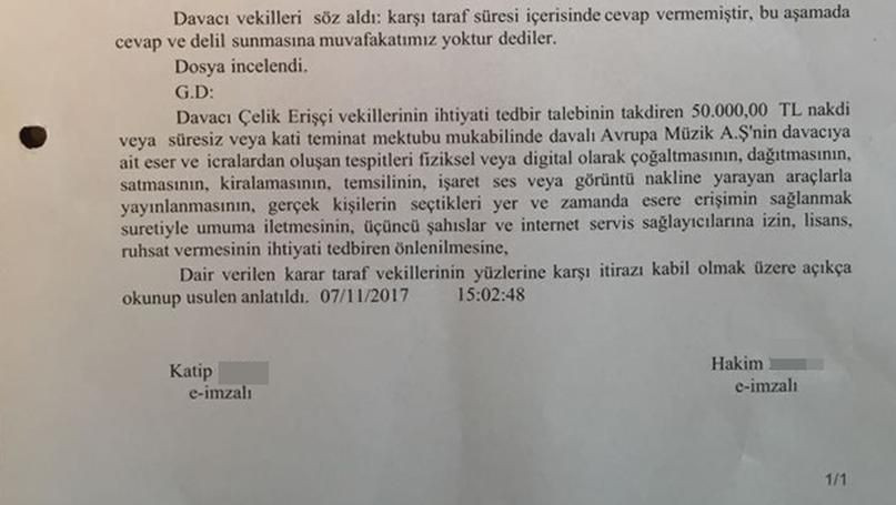 Mahkemeden, Çelik'in çalıştığı müzik şirketine şok karar