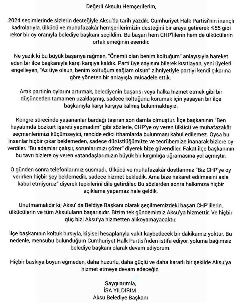Aksu Belediye Başkanı CHP'den istifa etti!