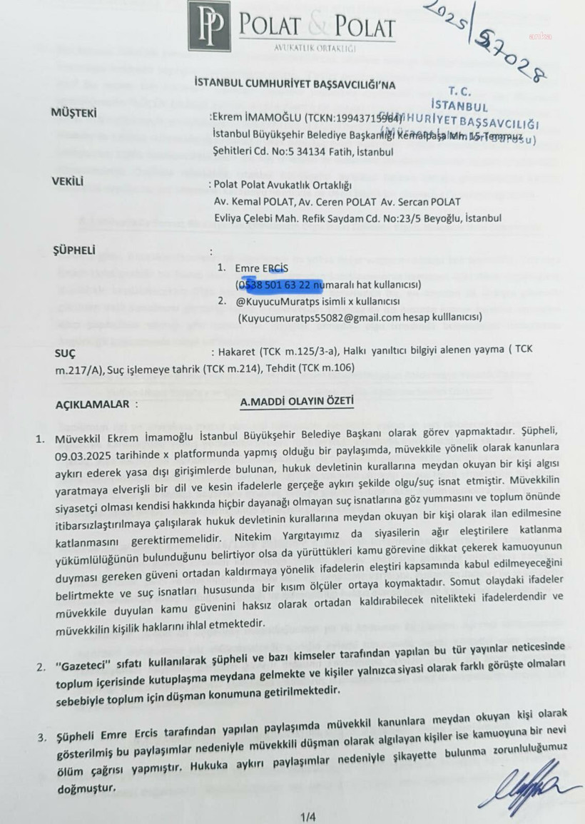 Ekrem İmamoğlu’na ölümle tehdide suç duyurusu