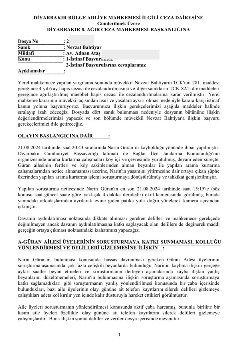 Narin cinayeti davasında bir itiraz daha! İşte Nevzat Bahtiyar’ın avukatının sunduğu dilekçe... Arif Güran'ın sözleri kaynak gösterildi - Resim : 2