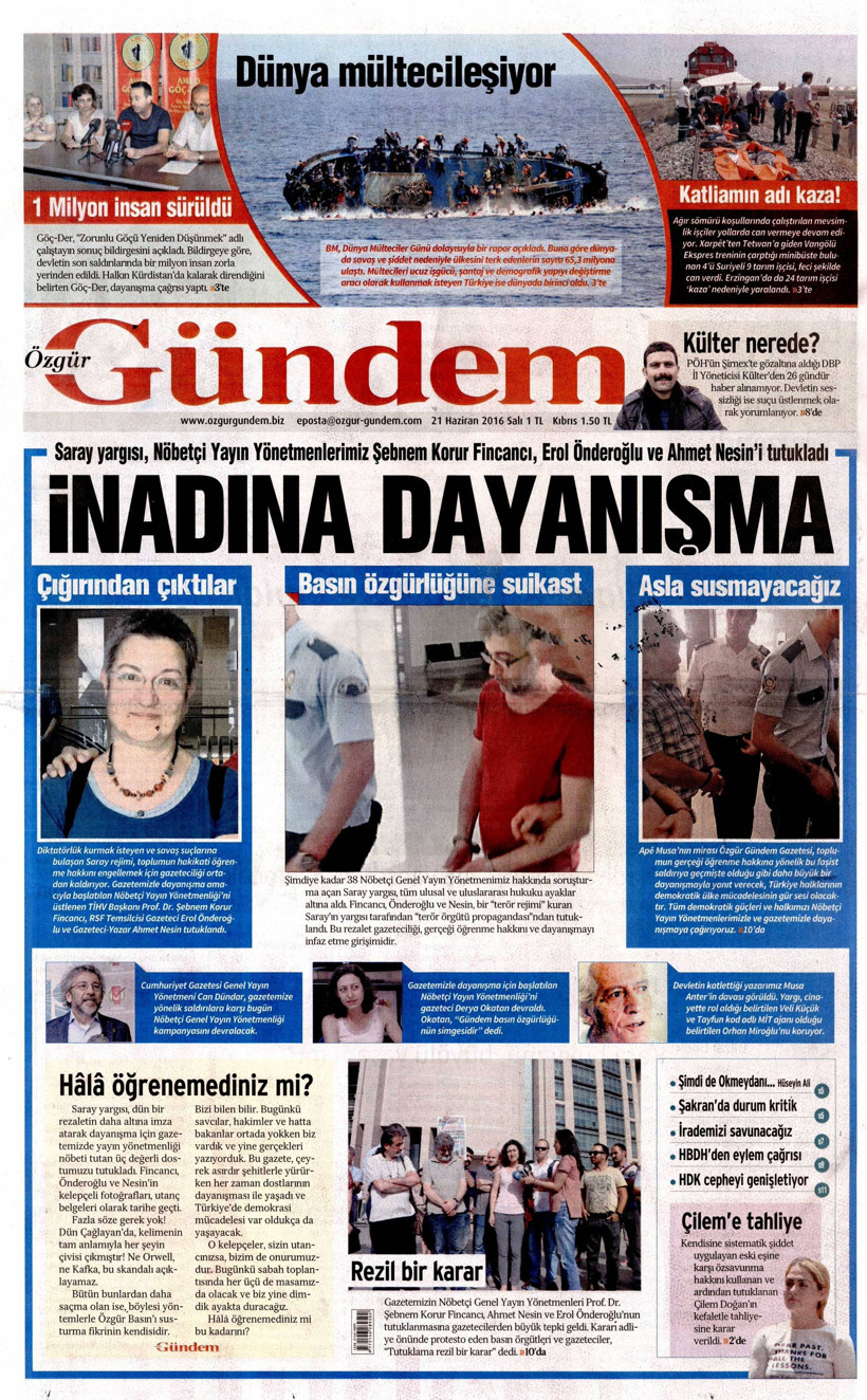 Nöbetçi genel yayın yönetmenleri tutuklanan Özgür Gündem bugün o manşetle çıktı!
