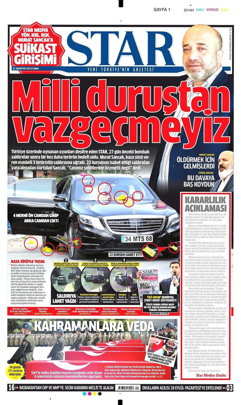 Star, Murat Sancak'a silahlı saldırıya bu manşetle tepki gösterdi!