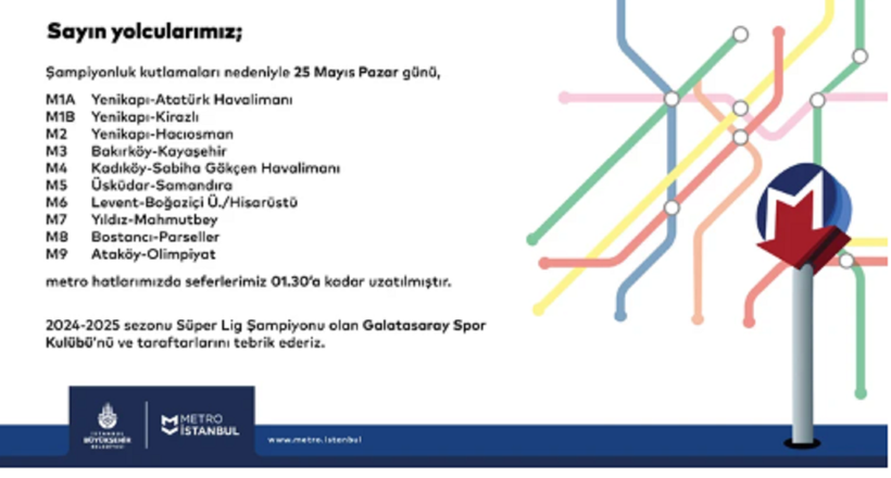 İstanbul'da metro seferlerine 'şampiyonluk kutlaması' düzenlemesi