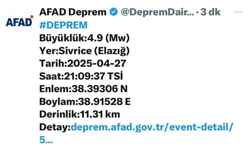 Son Dakika... AFAD açıkladı. Elazığ'da 4.9 büyüklüğünde deprem