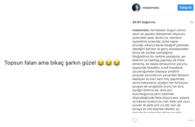 Mabel Matiz'den hayranının homofobik paylaşımına cevap