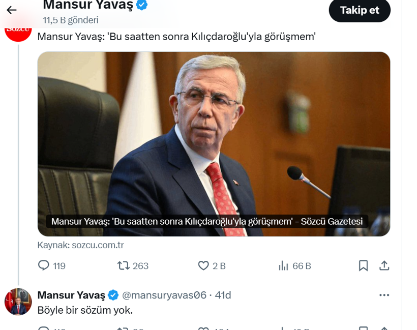 Mansur Yavaş'tan Açıklama. "Bu Saatten Sonra Kılıçdaroğlu'yla Görüşmem"e Yalanlama