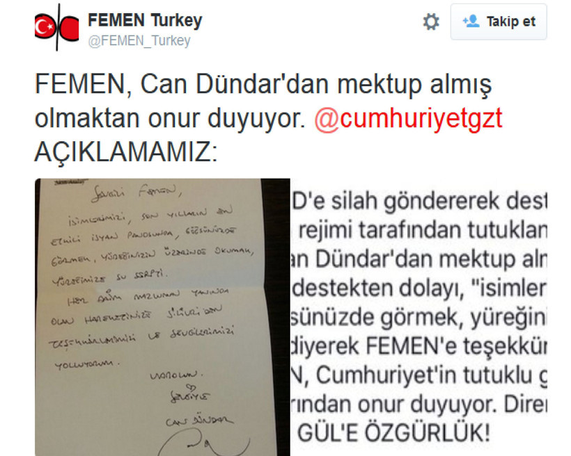 Can Dündar'dan FEMEN'e mektup
