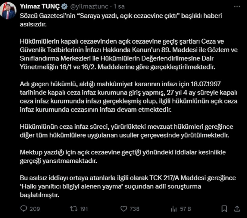 Adalet Bakanı Tunç'tan "Saraya yazdı, açık cezaevine çıktı" iddiasına yalanlama