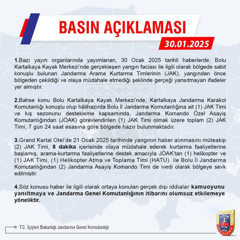 Bolu Kartalkaya'daki otel yangınına müdahale edilmediği iddiası! Jandarma Genel Komutanlığı'ndan açıklama geldi